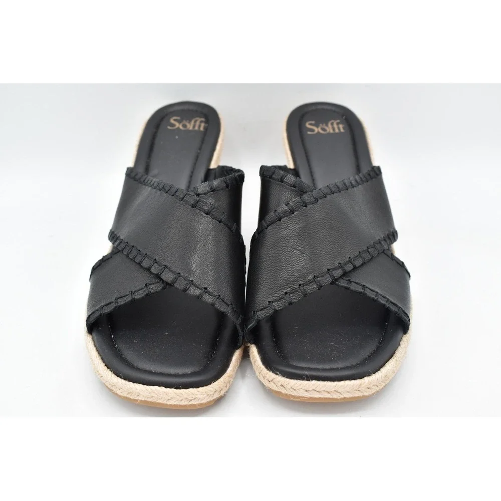 Sofft Women 11 Indie Black Leather Crisscross Espadrille Wedge Sandals Shoes